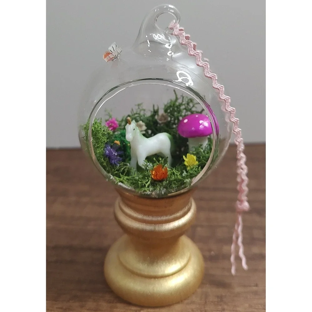 Handmade Glass Diorama Christmas Ornament Unicorn Horse Mushroom Fairy Garden